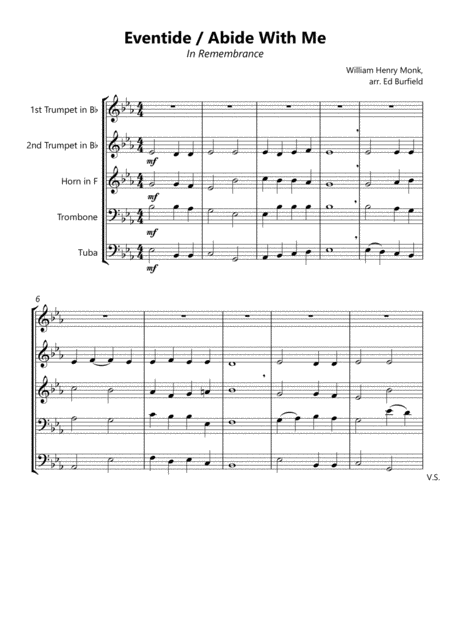 Eventide Abide With Me In Remembrance For Brass Quintet Sheet Music