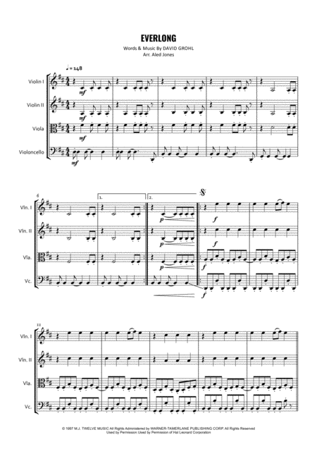 Everlong For String Quartet Sheet Music