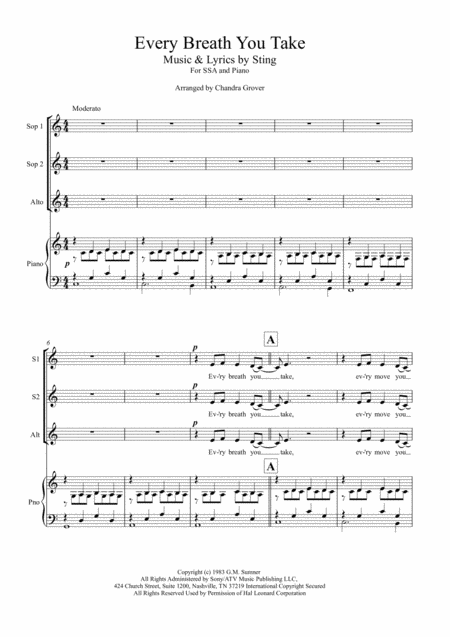 Free Sheet Music Every Breath You Take Ssa And Piano For Choir