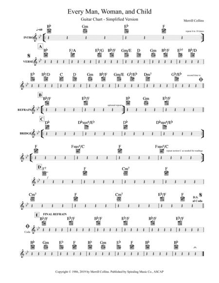 Every Man Woman And Child Guitar Chords Simplified Bb Major Sheet Music