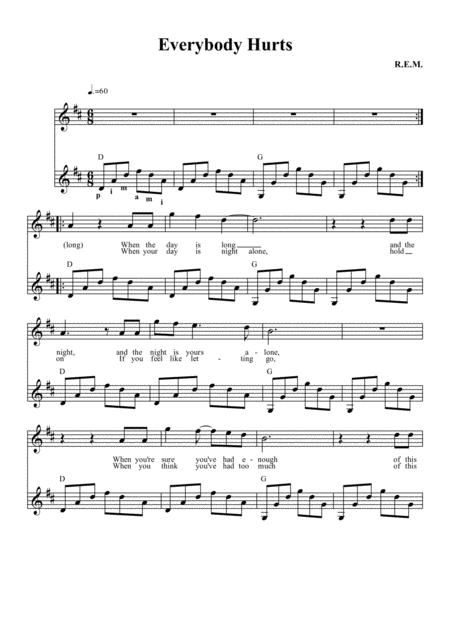 Everybody Hurts By Rem For Voice And Guitar Sheet Music