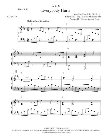 Everybody Hurts R E M Solo Harp Arrangement Sheet Music