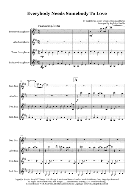 Everybody Needs Somebody To Love By Wilson Pickett Blues Brothers Saxophone Quartet Satb Sheet Music