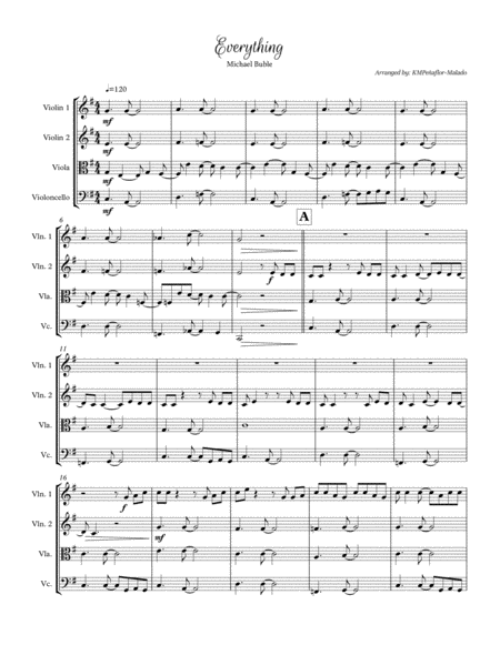 Free Sheet Music Everything By Michael Buble String Quartet