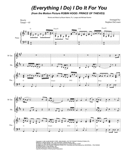 Free Sheet Music Everything I Do I Do It For You Duet For Bb Trumpet French Horn