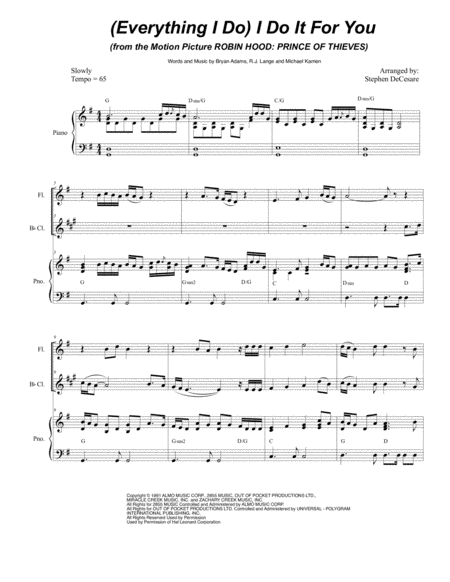 Everything I Do I Do It For You Duet For Flute And Bb Clarinet Sheet Music