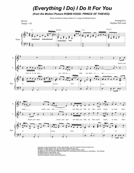 Free Sheet Music Everything I Do I Do It For You For 2 Part Choir Sop Ten