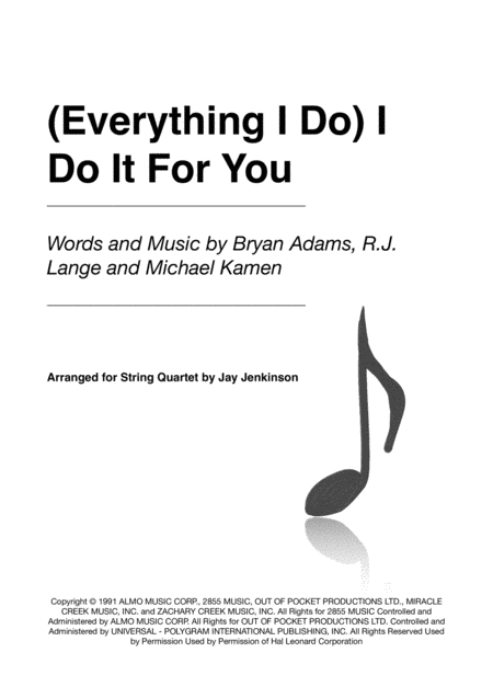 Everything I Do I Do It For You For String Quartet Sheet Music