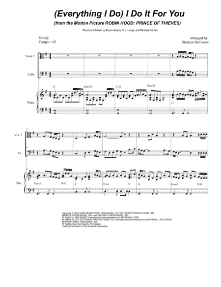 Free Sheet Music Everything I Do I Do It For You For String Quintet