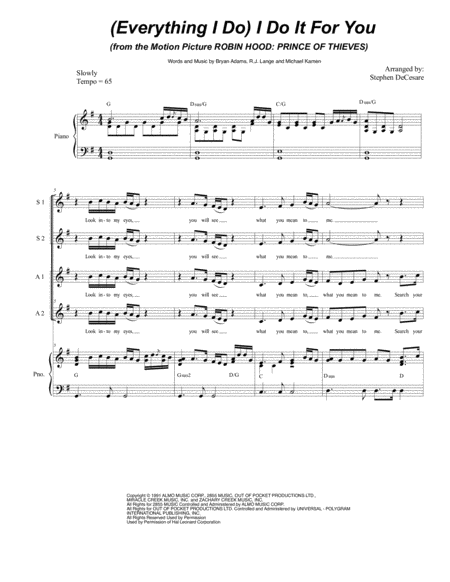 Everything I Do I Do It For You For Vocal Quartet Ssaa Sheet Music