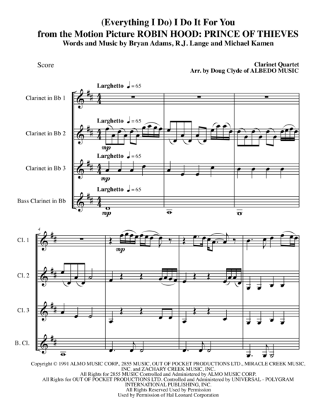 Free Sheet Music Everything I Do I Do It For You From The Motion Picture Robin Hood Prince Of Thieves For Clarinet Quartet