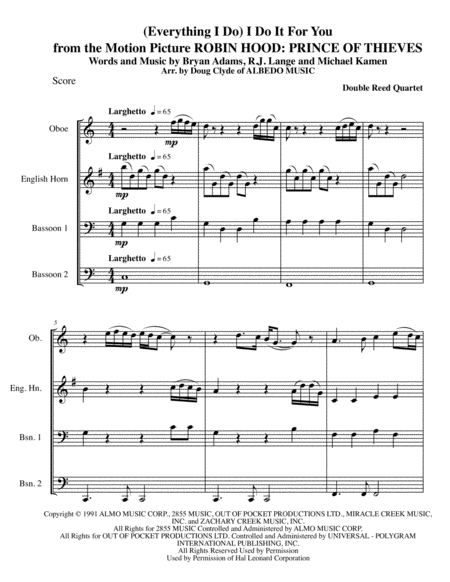 Everything I Do I Do It For You From The Motion Picture Robin Hood Prince Of Thieves For Double Reed Quartet Sheet Music