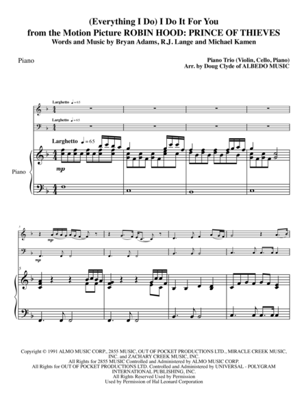 Free Sheet Music Everything I Do I Do It For You From The Motion Picture Robin Hood Prince Of Thieves For Piano Trio