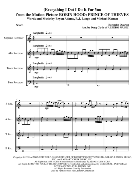 Everything I Do I Do It For You From The Motion Picture Robin Hood Prince Of Thieves For Recorder Quartet Sheet Music