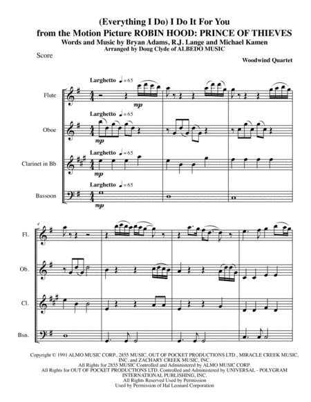 Everything I Do I Do It For You From The Motion Picture Robin Hood Prince Of Thieves For Woodwind Quartet Sheet Music