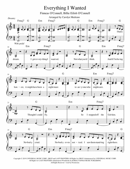 Everything I Wanted Intermediate Piano Sheet Music