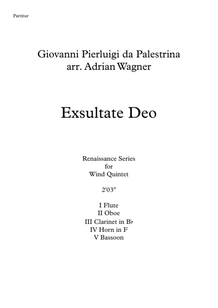 Exsultate Deo Giovanni Pierluigi Da Palestrina Wind Quintet Arr Adrian Wagner Sheet Music