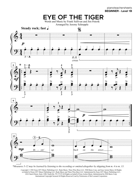 Eye Of The Tiger Beginner Level 1b Sheet Music