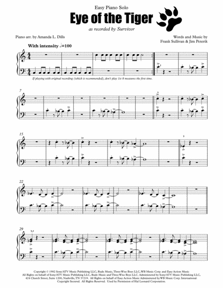 Eye Of The Tiger Easy Piano Arrangement Sheet Music