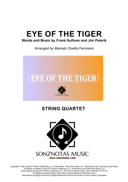 Eye Of The Tiger Survivor Score And Parts For String Quartet Sheet Music