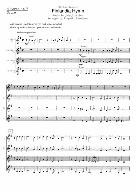 Free Sheet Music Ez Horn Quartet Finlandia Hymn