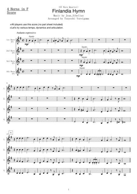 Ez Horn Quartet Finlandia Hymn Sheet Music