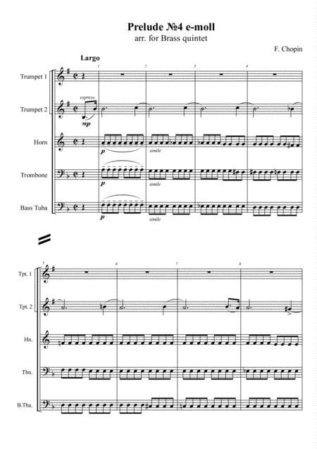 F Chopin Prelude 4 E Moll For Piano Op 28 Arr For Brass Quintet Sheet Music