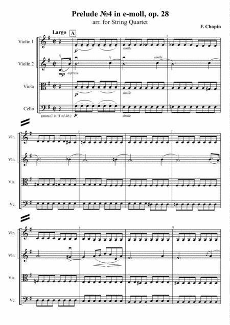 F Chopin Prelude 4 In E Moll Op 28 Arr For String Quartet Sheet Music