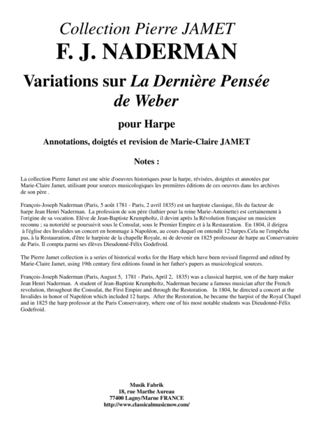 Free Sheet Music F J Naderman Variations Sur La Dernire Pense De Weber For Solo Harp