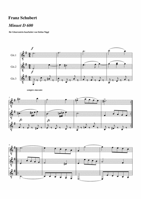 F Schubert Minuet D 600 For Guitar Trio Sheet Music