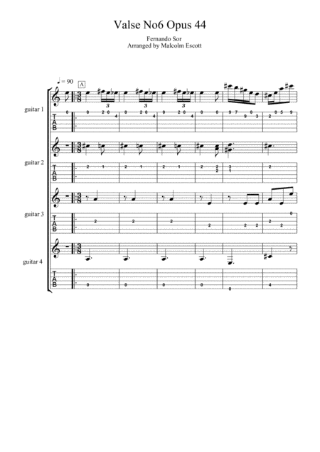 F Sor Opus 44 No 6 Valse For Guitar Quartet Sheet Music