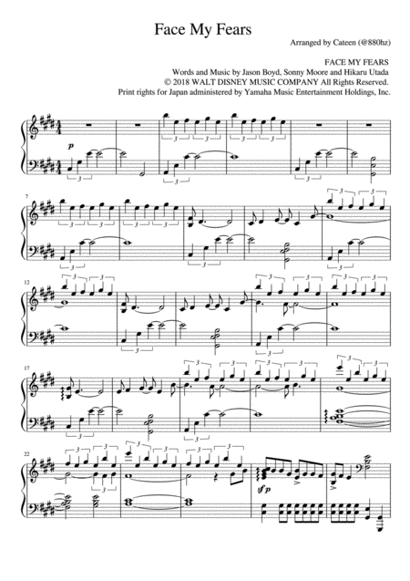 Face My Fears Piano Version Arranged By Cateen Sheet Music