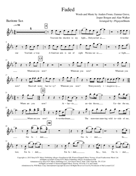 Free Sheet Music Faded Baritone Sax