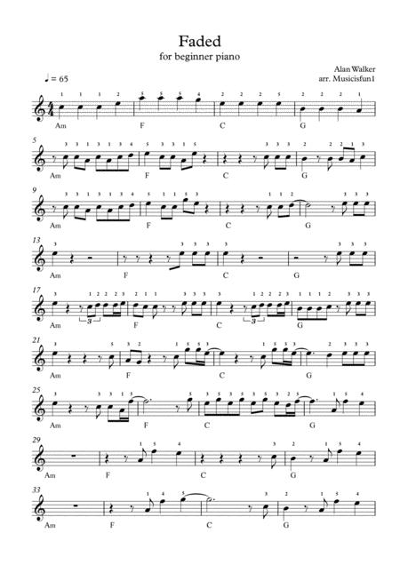 Free Sheet Music Faded For Beginner Piano Right Hand With Fingering Chord Symbols