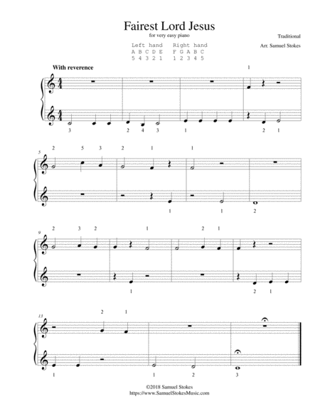 Fairest Lord Jesus For Very Easy Piano Sheet Music