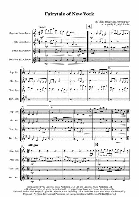 Fairytale Of New York By The Pogues Feat Kirsty Maccoll Saxophone Quartet Satb Sheet Music