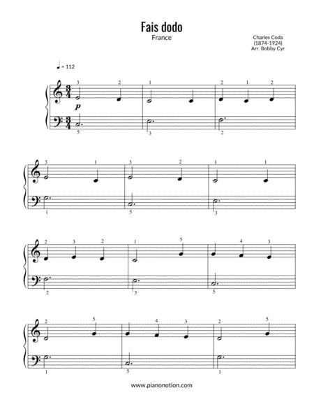 Fais Dodo Easy Piano Solo Sheet Music