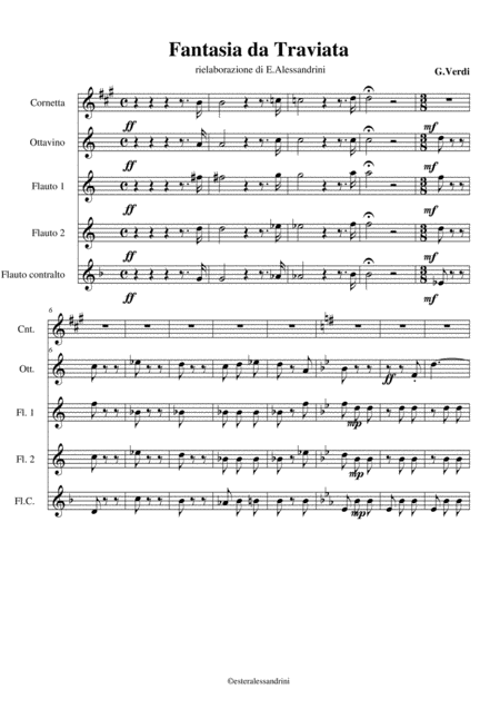 Fantasia Da Traviata Per 4 Flauti E Cornetta Sheet Music