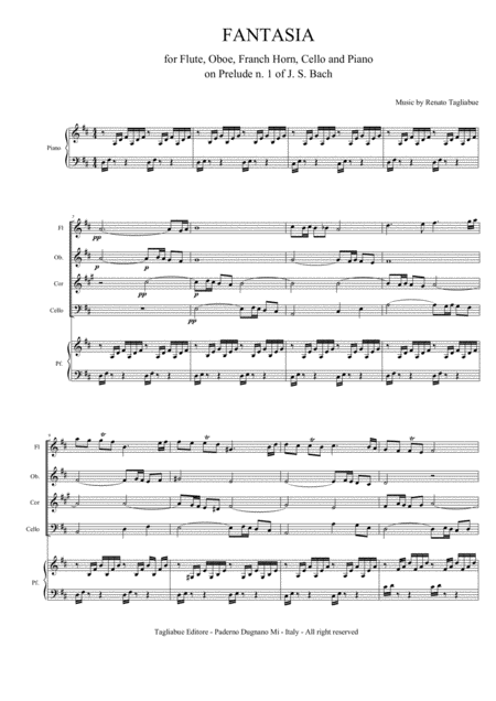 Fantasia For Flute Oboe Franch Horn Cello And Piano On Prelude N 1 Of Js Bach With Parts Sheet Music