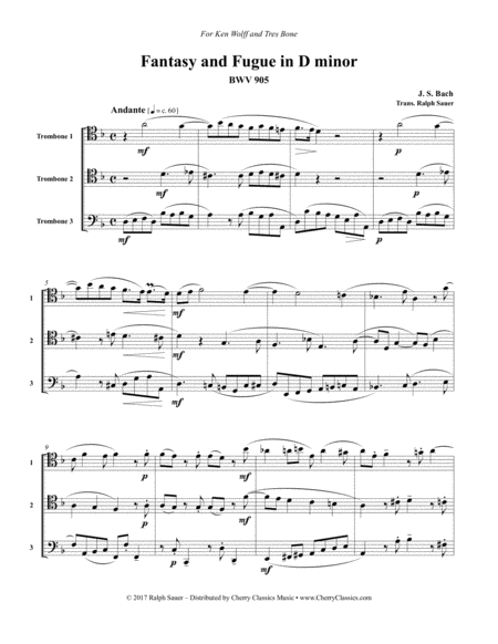 Fantasy And Fugue In D Minor Bwv 905 For Trombone Trio Sheet Music