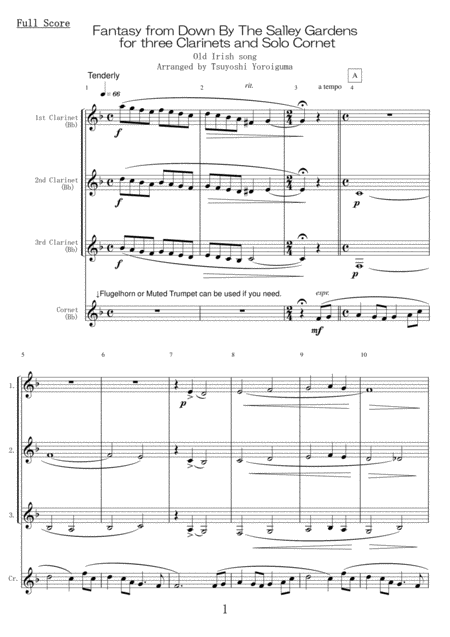 Fantasy From Down By The Salley Gardens For Three Clarinets And Solo Cornet Sheet Music