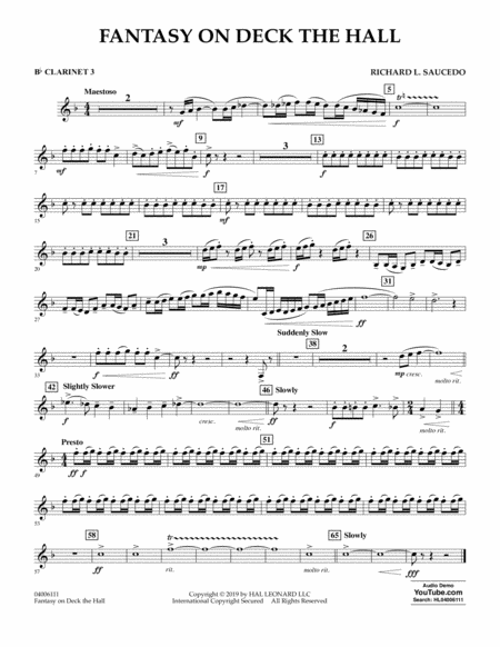 Free Sheet Music Fantasy On Deck The Hall Bb Clarinet 3