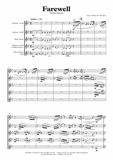 Free Sheet Music Farewell Sad Ballad Clarinet Quartet