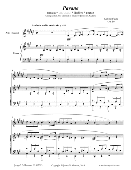 Faur Pavane Op 50 For Alto Clarinet Piano Sheet Music