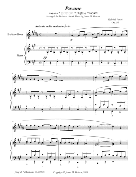 Faur Pavane Op 50 For Baritone Horn Piano Sheet Music