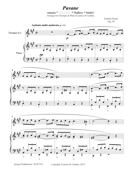 Faur Pavane Op 50 For Trumpet Piano Sheet Music