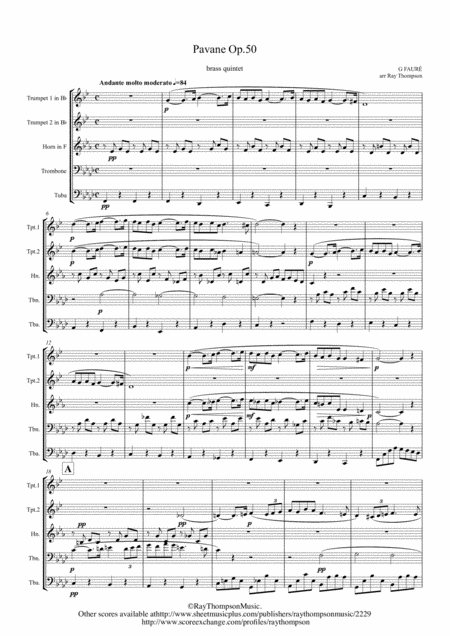 Faur Pavane Op 50 Transposed Into F Minor Brass Quintet Sheet Music