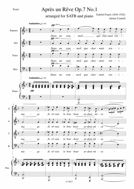 Free Sheet Music Faure Apres Un Reve Op 7 No 1 Arranged For Satb Choir And Piano Or Organ