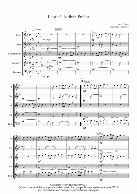 Free Sheet Music Faure Il Est N Le Divin Enfant Wind Quintet