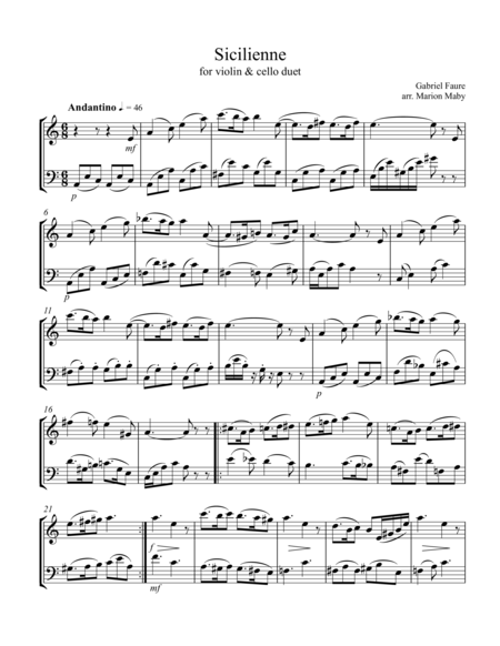 Faure Sicilienne Arr For Violin Cello Duet Sheet Music